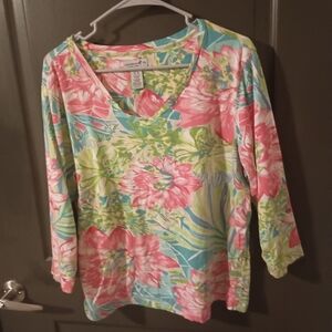 Caribbean Joe Pink and Green Floral Long Sleeve Top